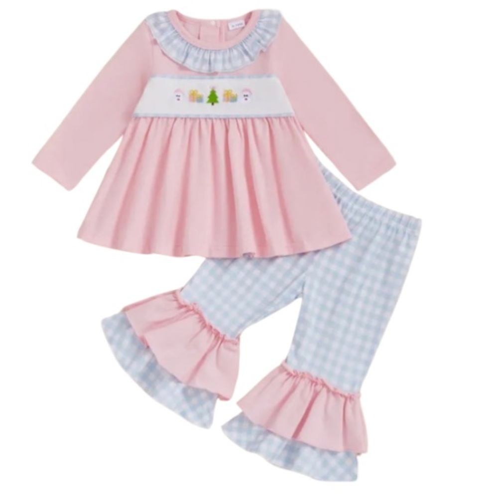 Ruffle Gingham Embroidered Christmas Outfit 6-12 Months Girls